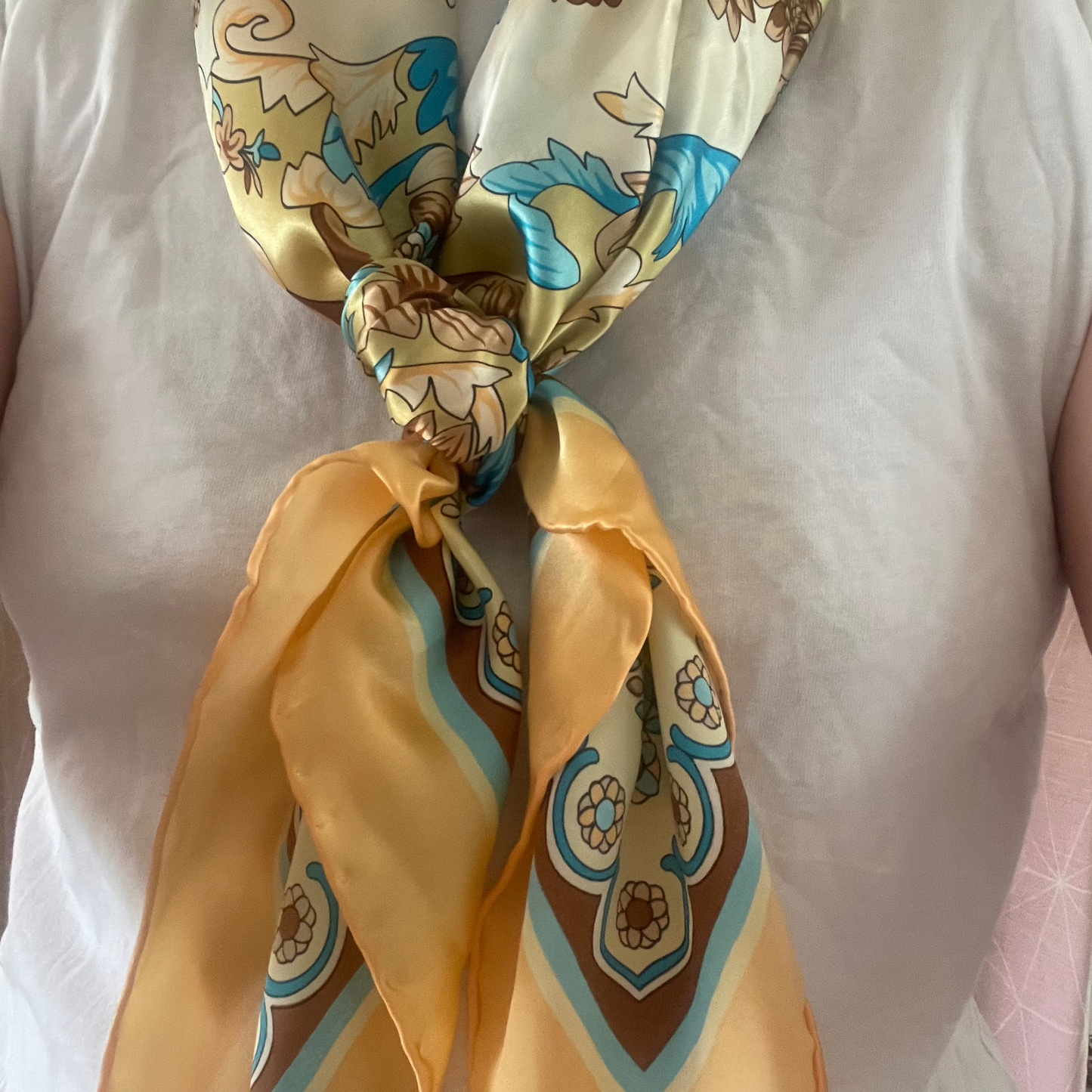Light yellow flora 90x90 handrolled edges silk scarf