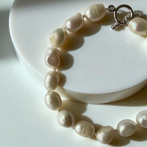 Hand knotted baroque freshwater pearl braclet, 100% silk thread, 925 sterling silver clasp