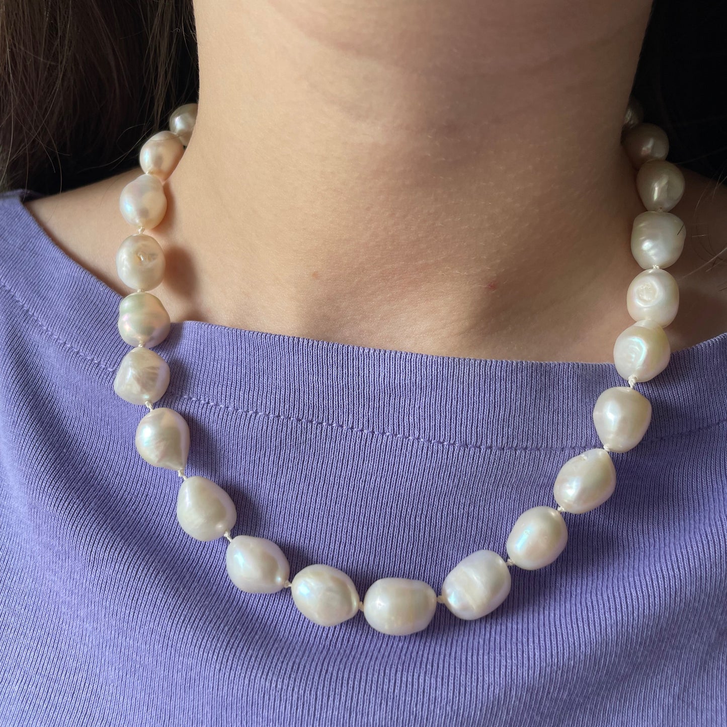 Baroque freshwater pearl necklace 12-14 mm, hand knotted, 100% silk thread,925 sterling silver clasp