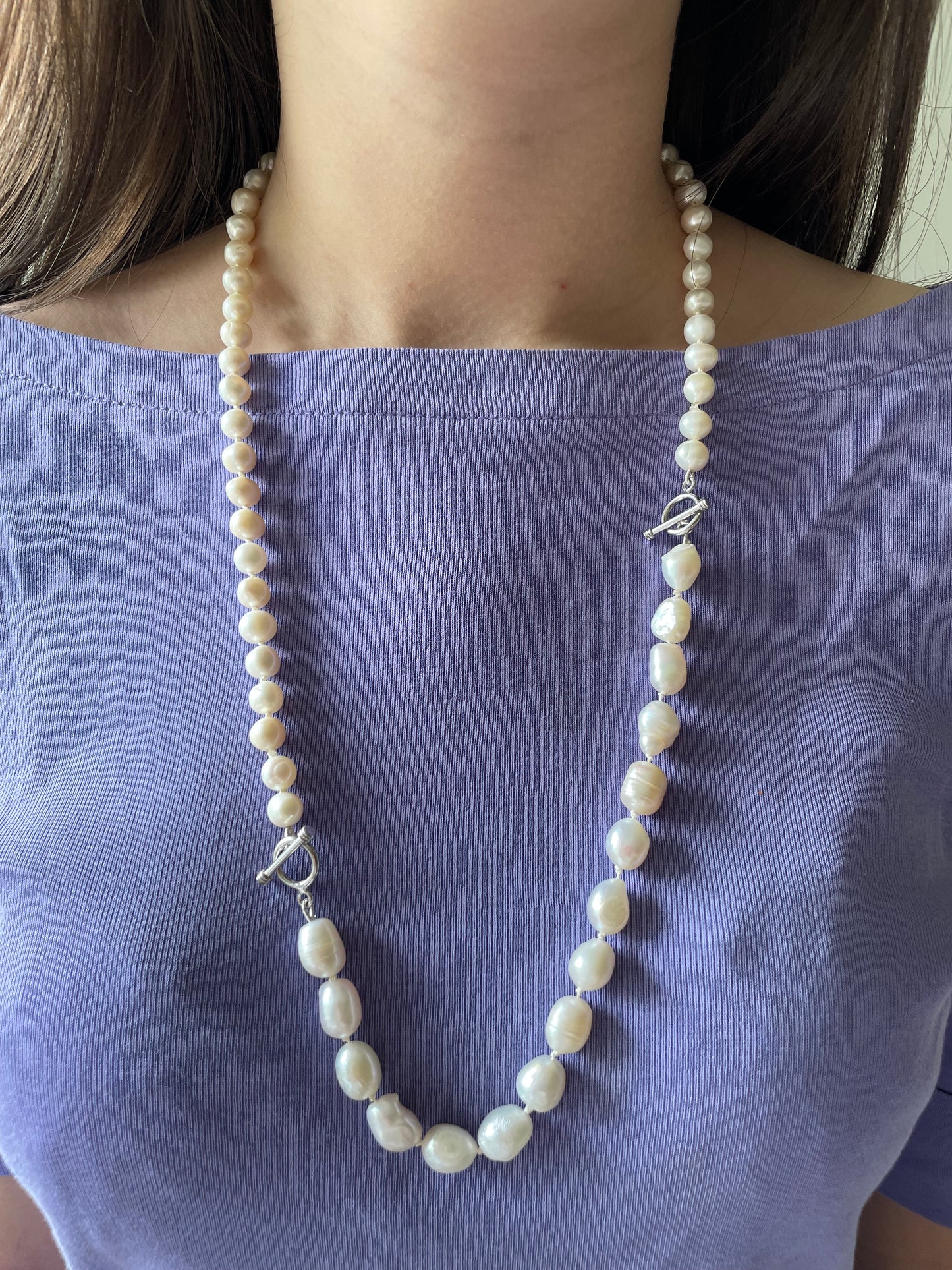 Baroque freshwater pearl bracelet mix with round pearl necklace as a long necklace