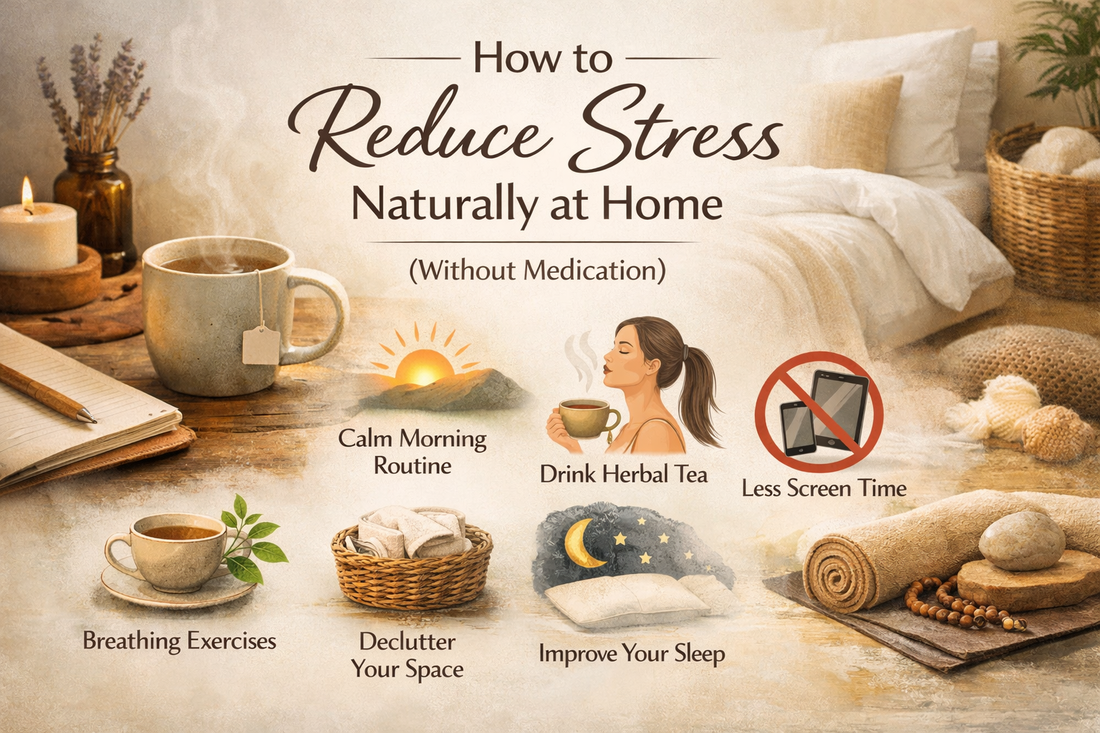 How to reduce stress naturally at home with calm morning routine, herbal tea, less screen time, breathing exercises, decluttering and better sleep