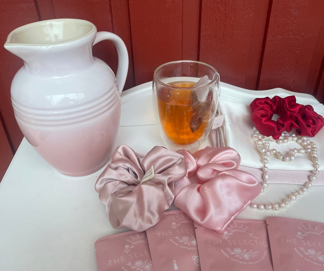 Silk pillowcase, silk scrunchies and freshwater pearl necklace and herbal tea