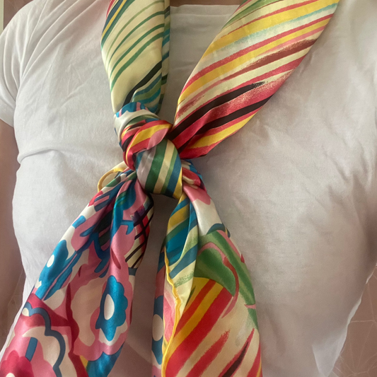 Flora yellow handrolled edge 90x90cm silk scarf, mult