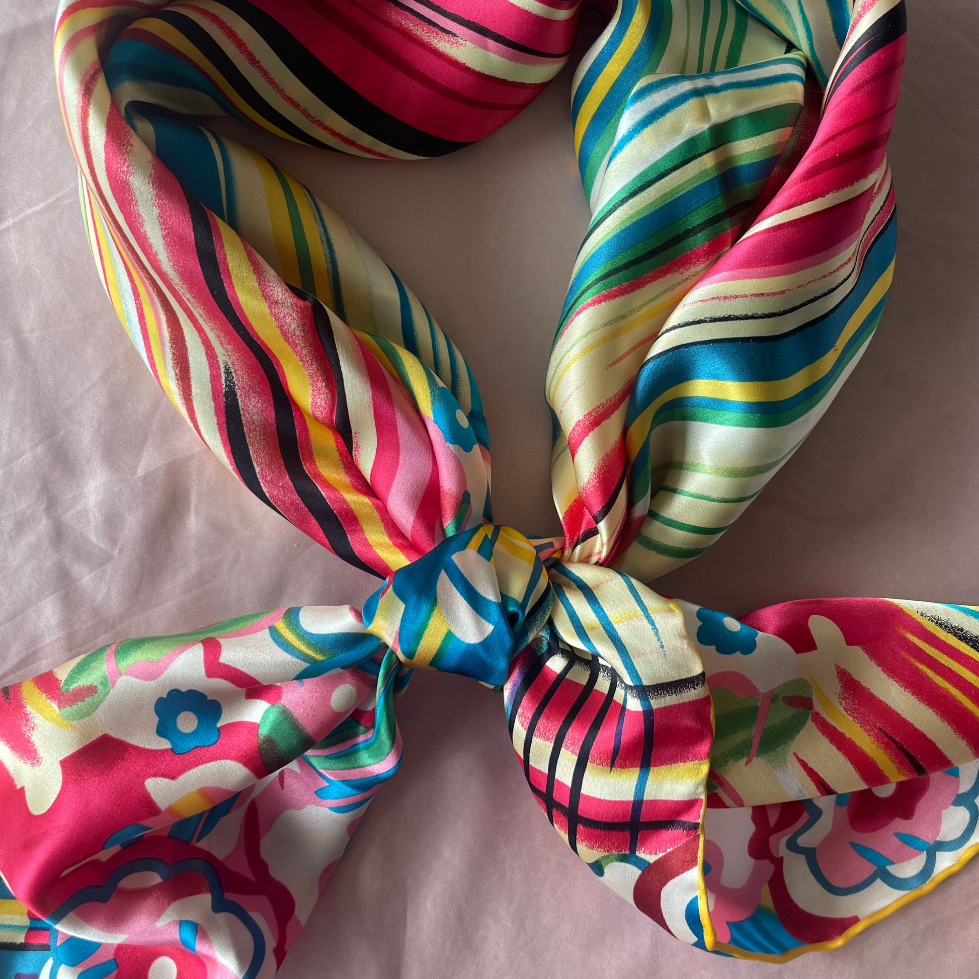 Multi flora light yellow handrolled edge silk scarf 90x90xm