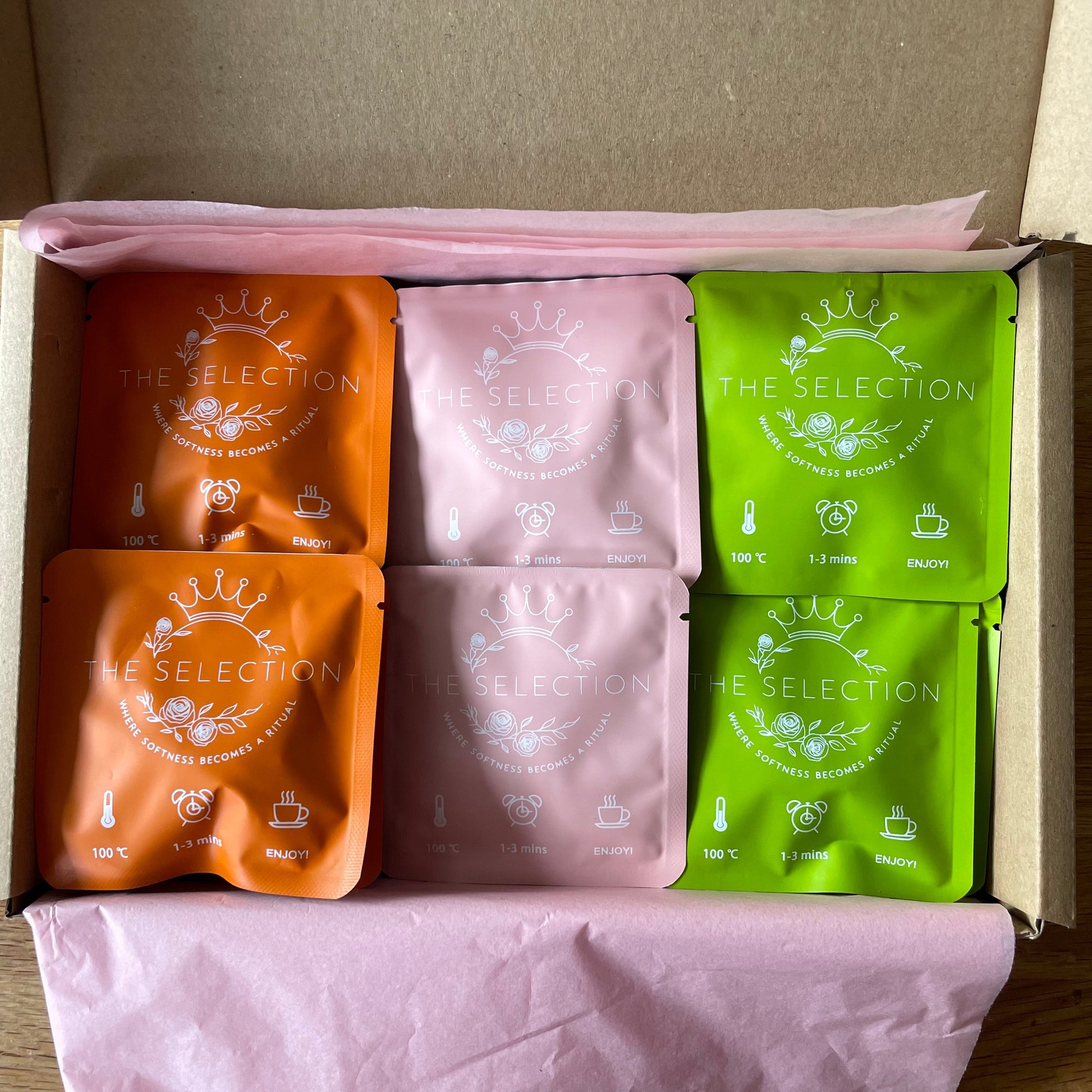 Caffeine free herbal loose leaf tea in 6 favors with 5 100% corn fiber tea bags.