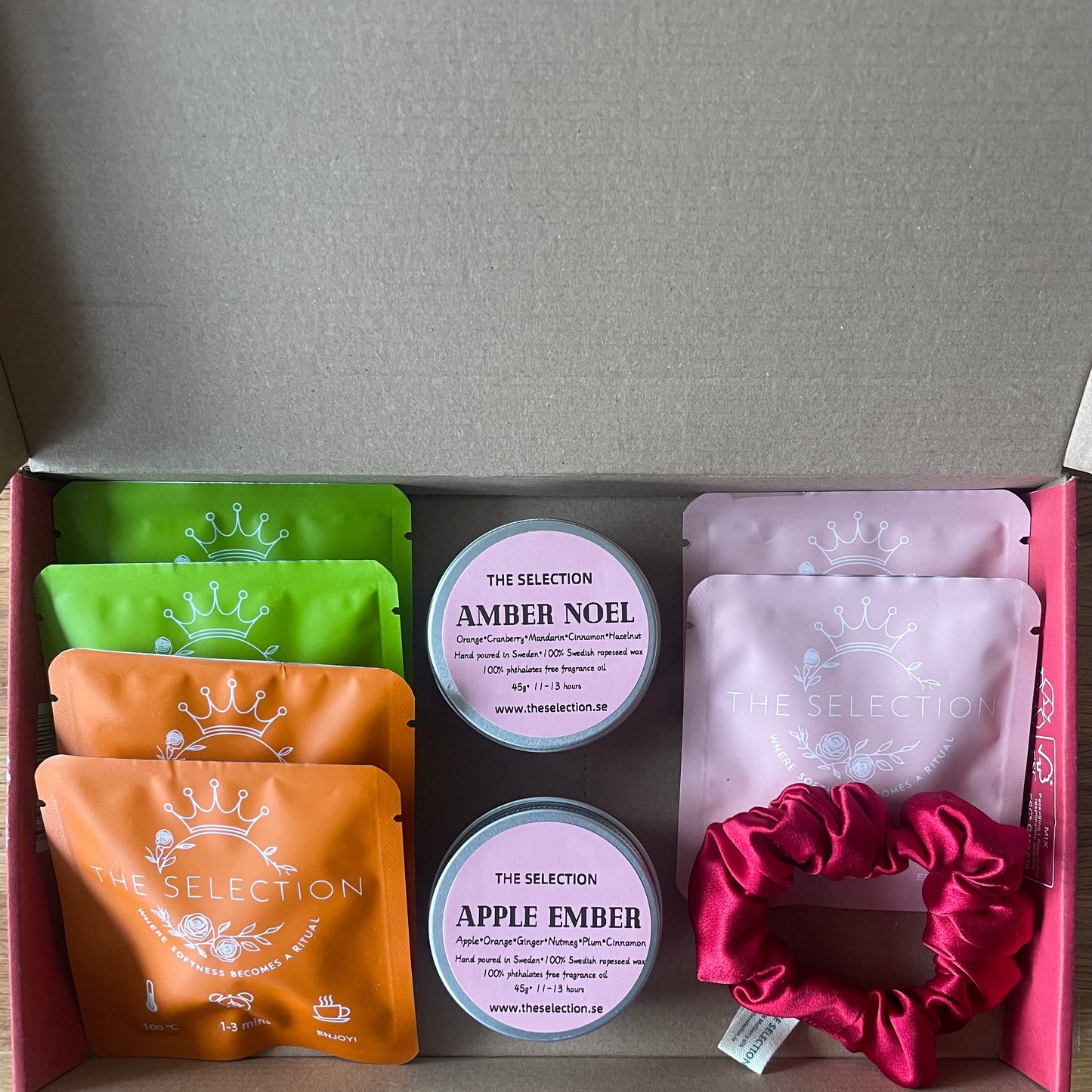 6 herbal loose leaf tea plus 2 natural candles, and a 30 momme silk scrunchie gift box 