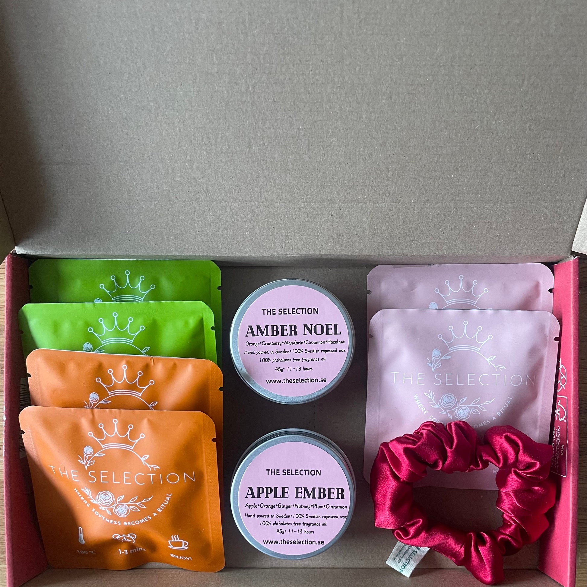 6 herbal loose leaf tea plus 2 natural candles, and a 30 momme silk scrunchie gift box 