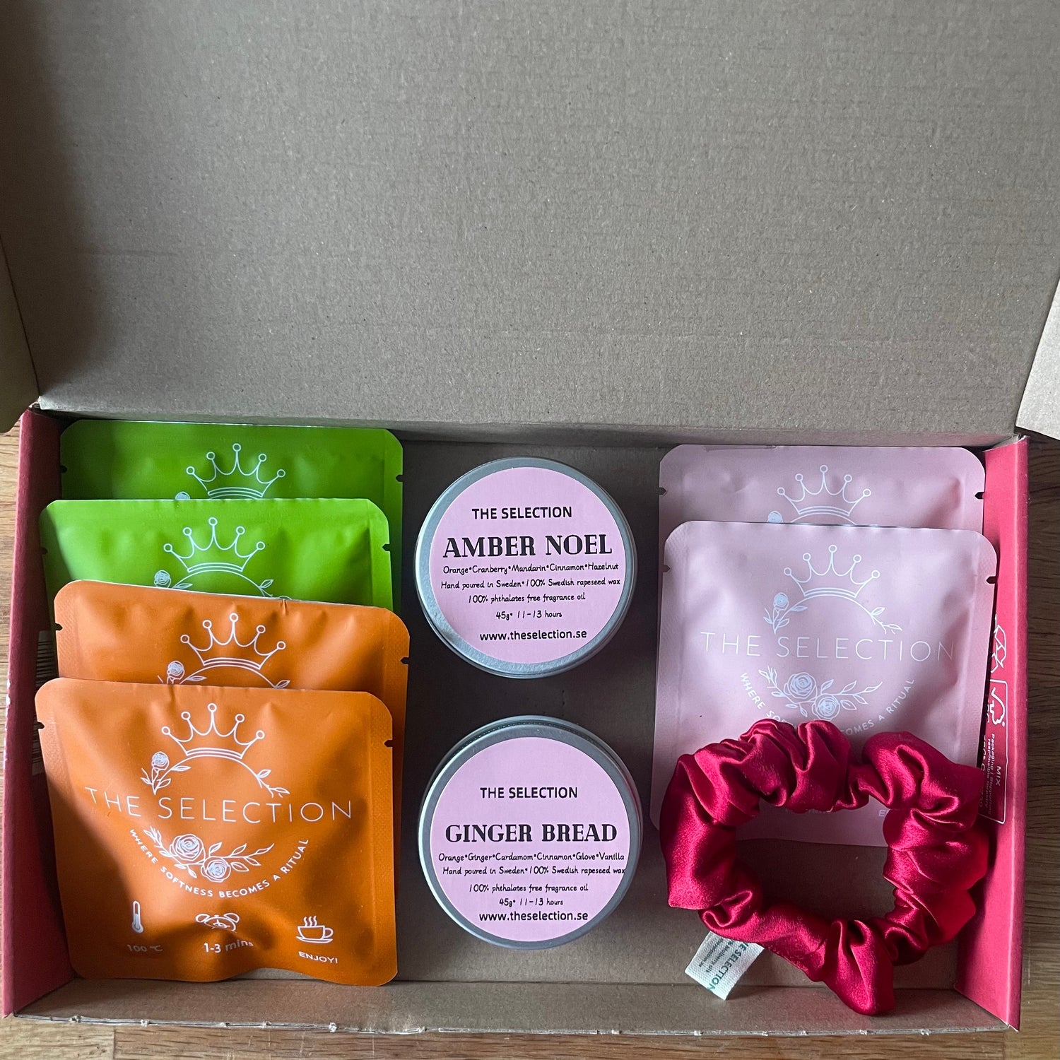 6 herbal loose leaf tea plus 2 natural candles, and a 30 momme silk scrunchie gift box 