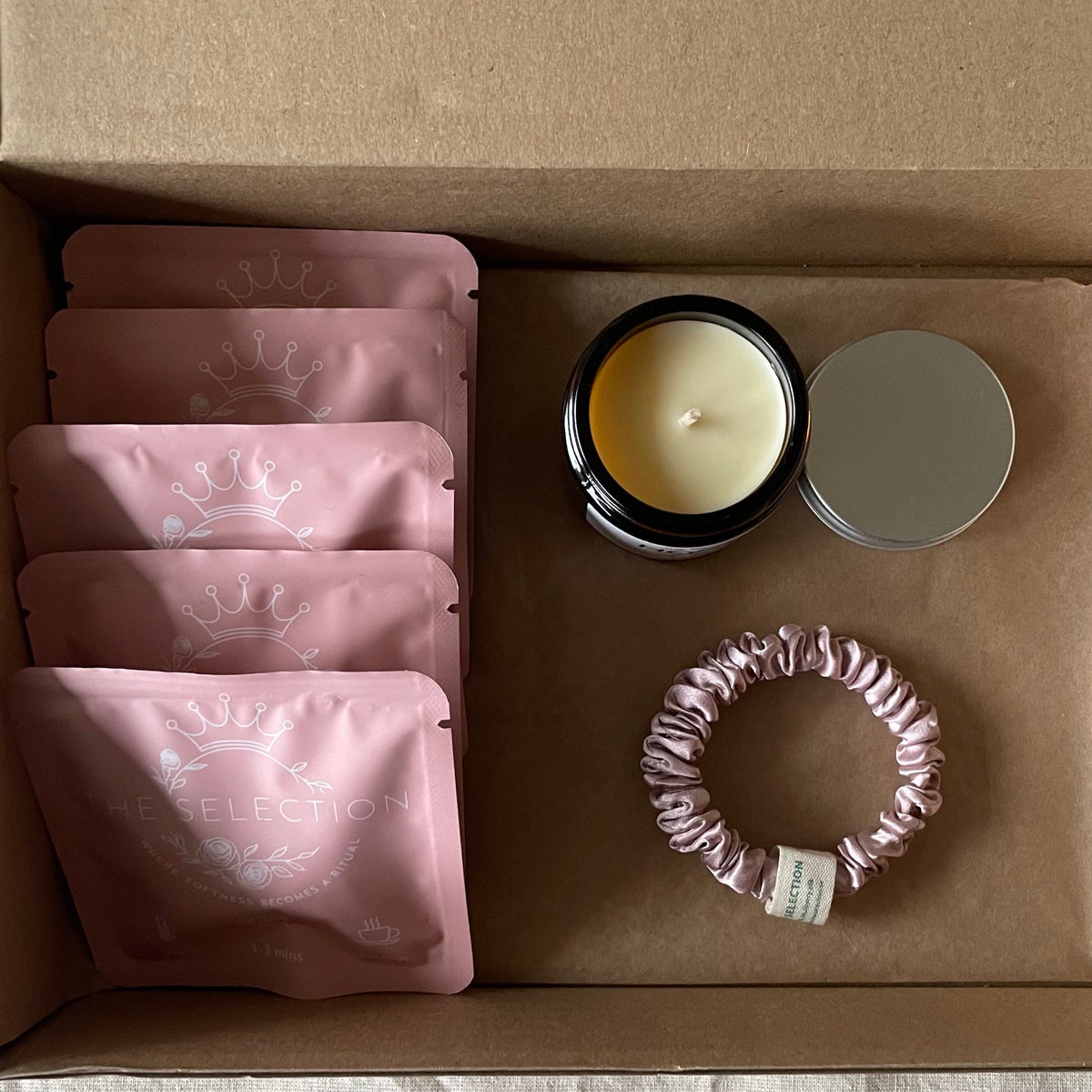 Little ritual 30 momme silk scrunchie Swedish beeswax candle and herbal tea gift  box