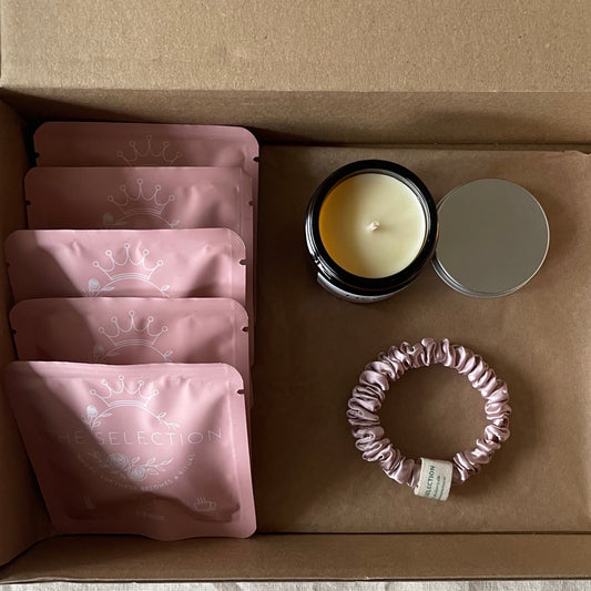 Little ritual 30 momme silk scrunchie Swedish beeswax candle and herbal tea gift  box