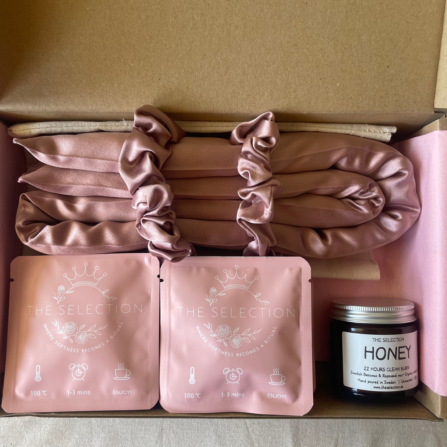 Ritual box with 30 momme silk heatless curler set,Swedish beeswax and rapeseed wax candle and 12 herbal corn fiber bag teas