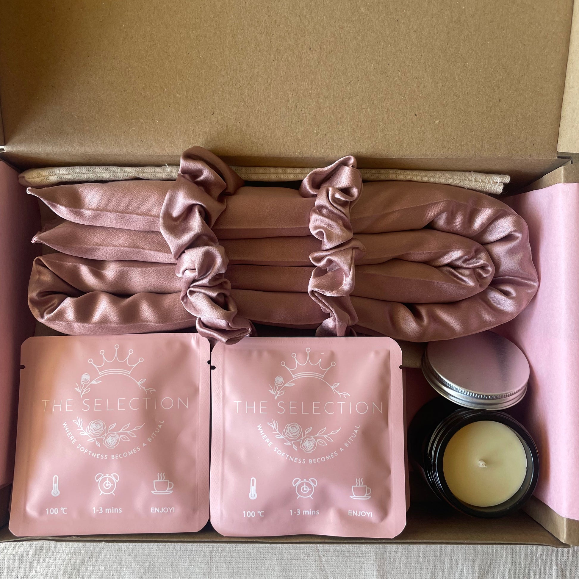 Ritual box with 30 momme silk heatless curler set,Swedish beeswax and rapeseed wax candle and 12 herbal corn fiber bag teas