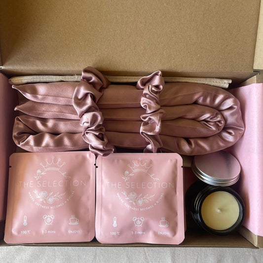 Ritual box with 30 momme silk heatless curler set,Swedish beeswax and rapeseed wax candle and 12 herbal corn fiber bag teas