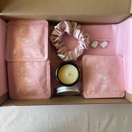 Ritual box with square freshwater pearl earrings,30 momme scrunchie Swedish beeswax candle,12 herbal loose leaves tea 